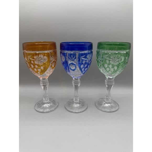 Anna Hutte Echt Bleikristall Blue, Green & Orange Crystal Wine Goblets Set 3 - Picture 2 of 7